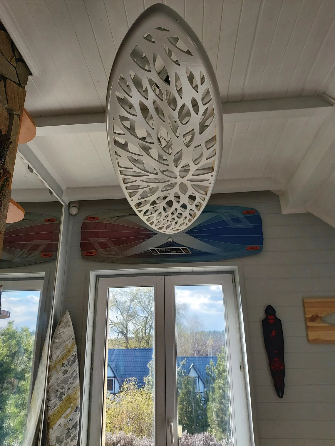 Wood LED Light - Surfboard Ceiling Chandelier With Leaves Carving