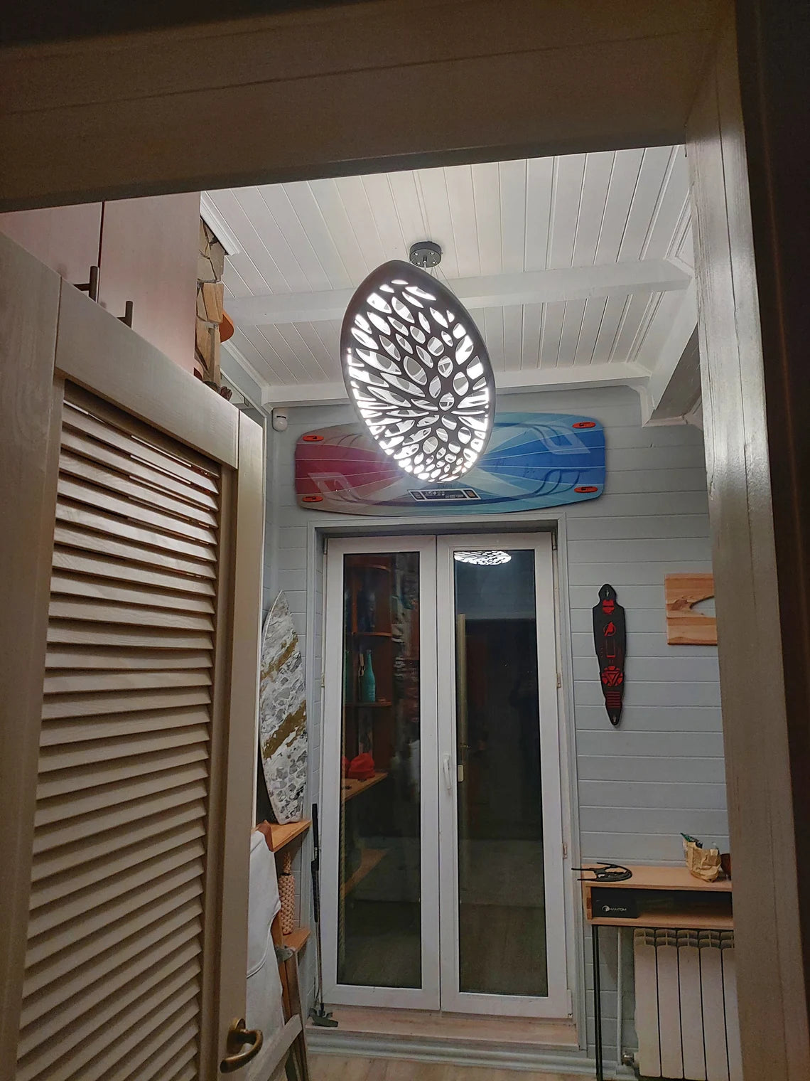 Wood LED Light - Surfboard Ceiling Chandelier With Leaves Carving
