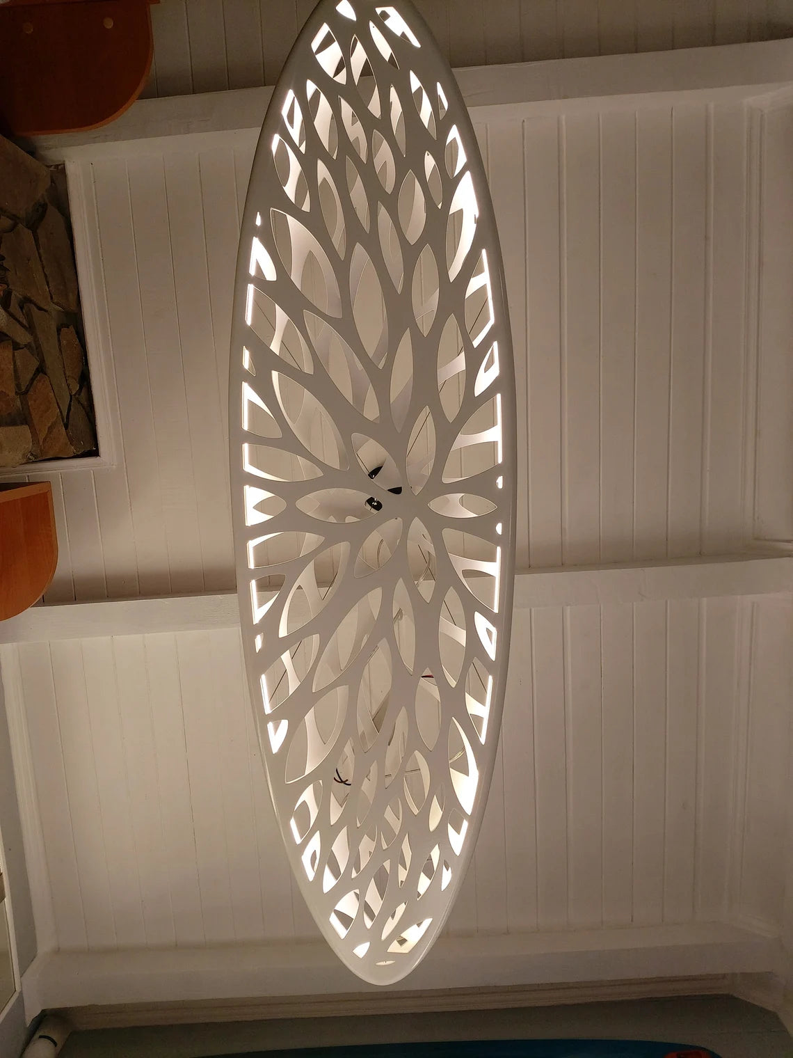 Wood LED Light - Surfboard Ceiling Chandelier With Leaves Carving