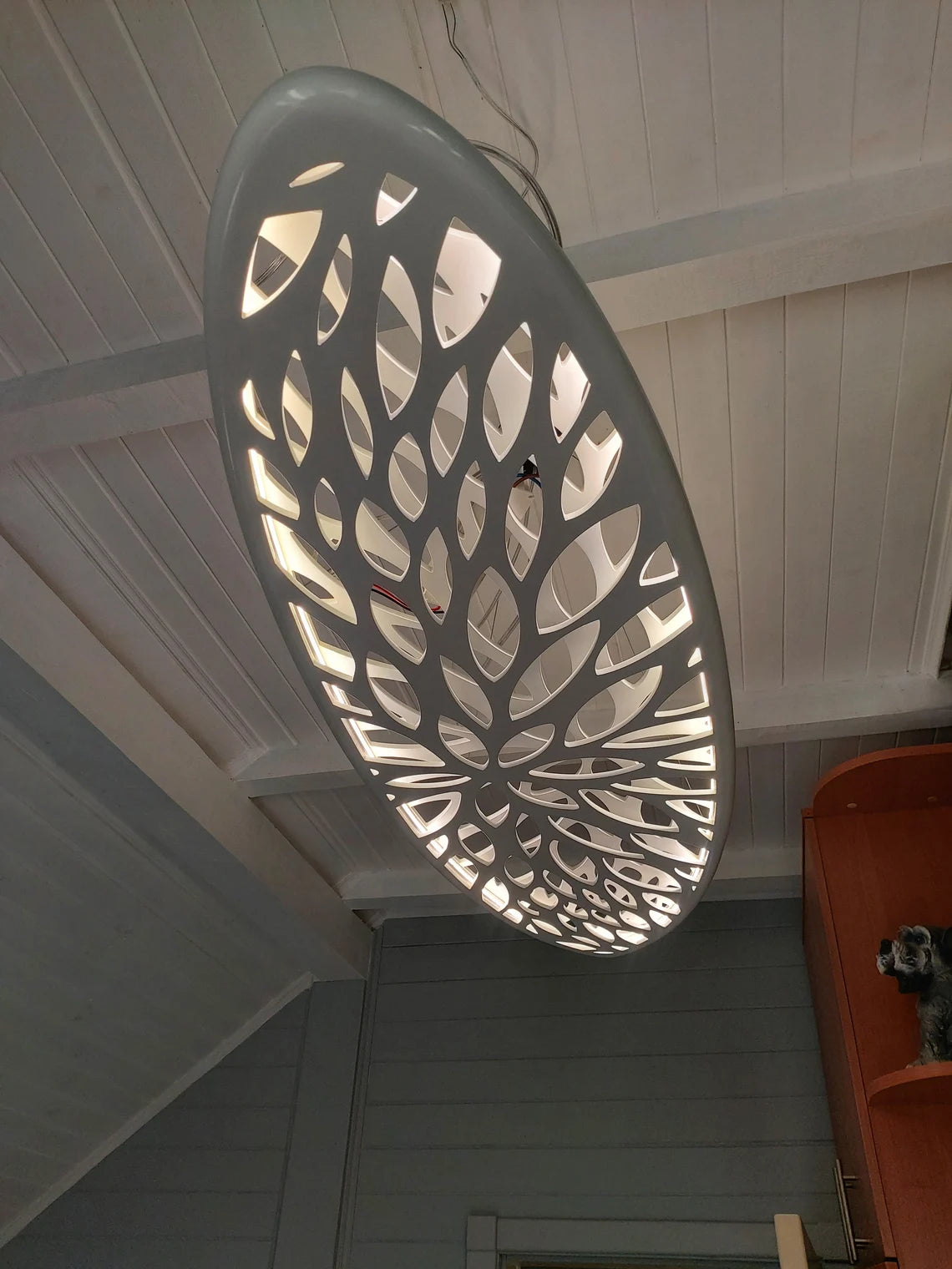 Wood LED Light - Surfboard Ceiling Chandelier With Leaves Carving