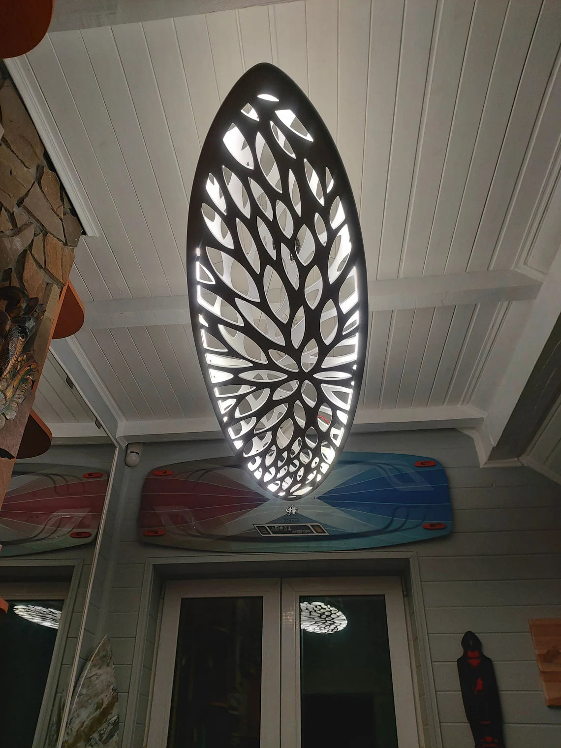 Wood LED Light - Surfboard Ceiling Chandelier With Leaves Carving