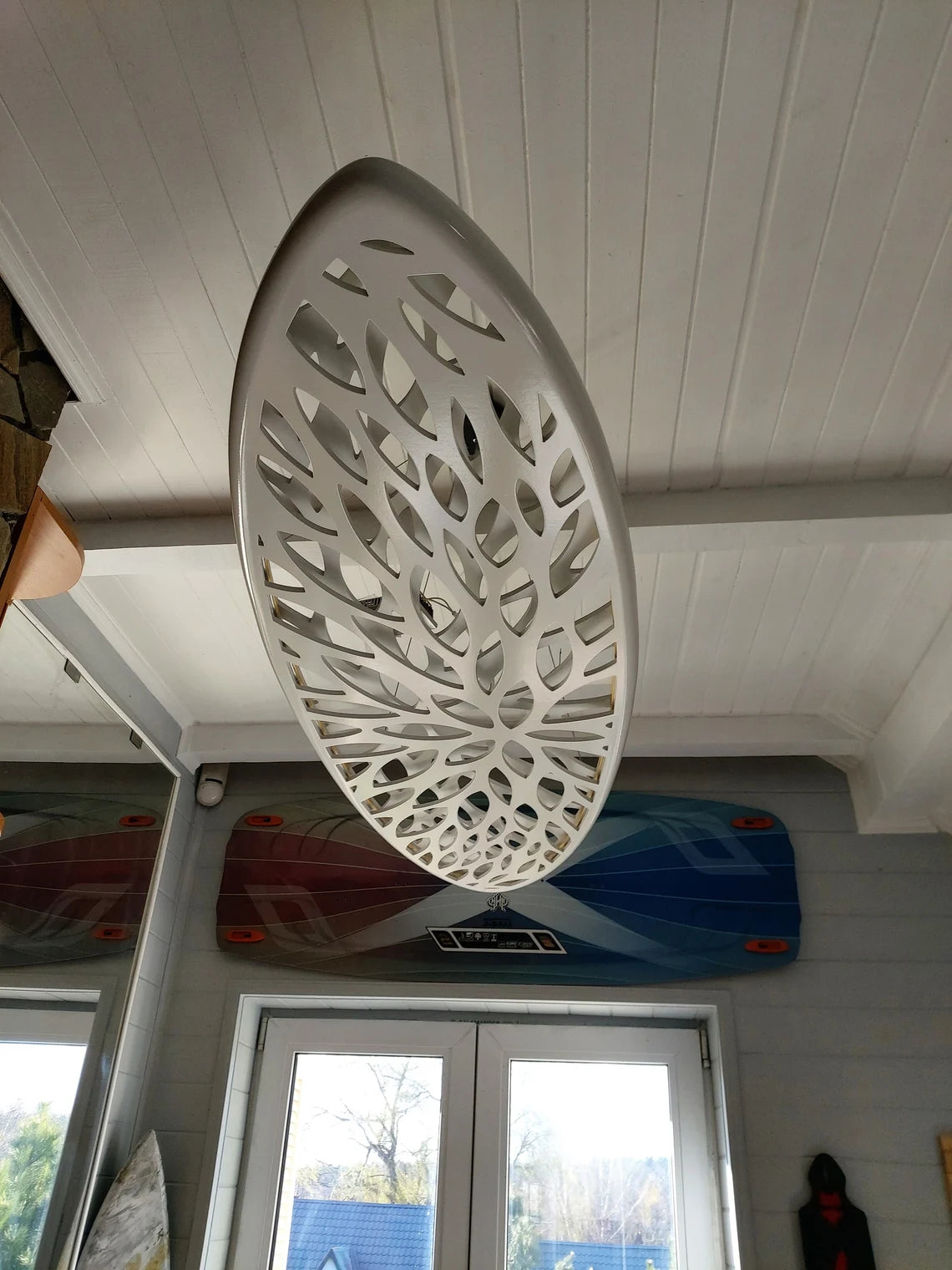 Wood LED Light - Surfboard Ceiling Chandelier With Leaves Carving