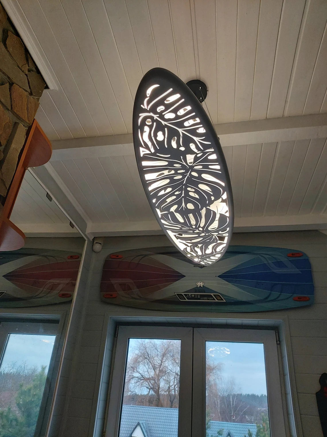 30 inch Surfboard Shaped Ceiling Chandelier with Monstera Leaf Carving