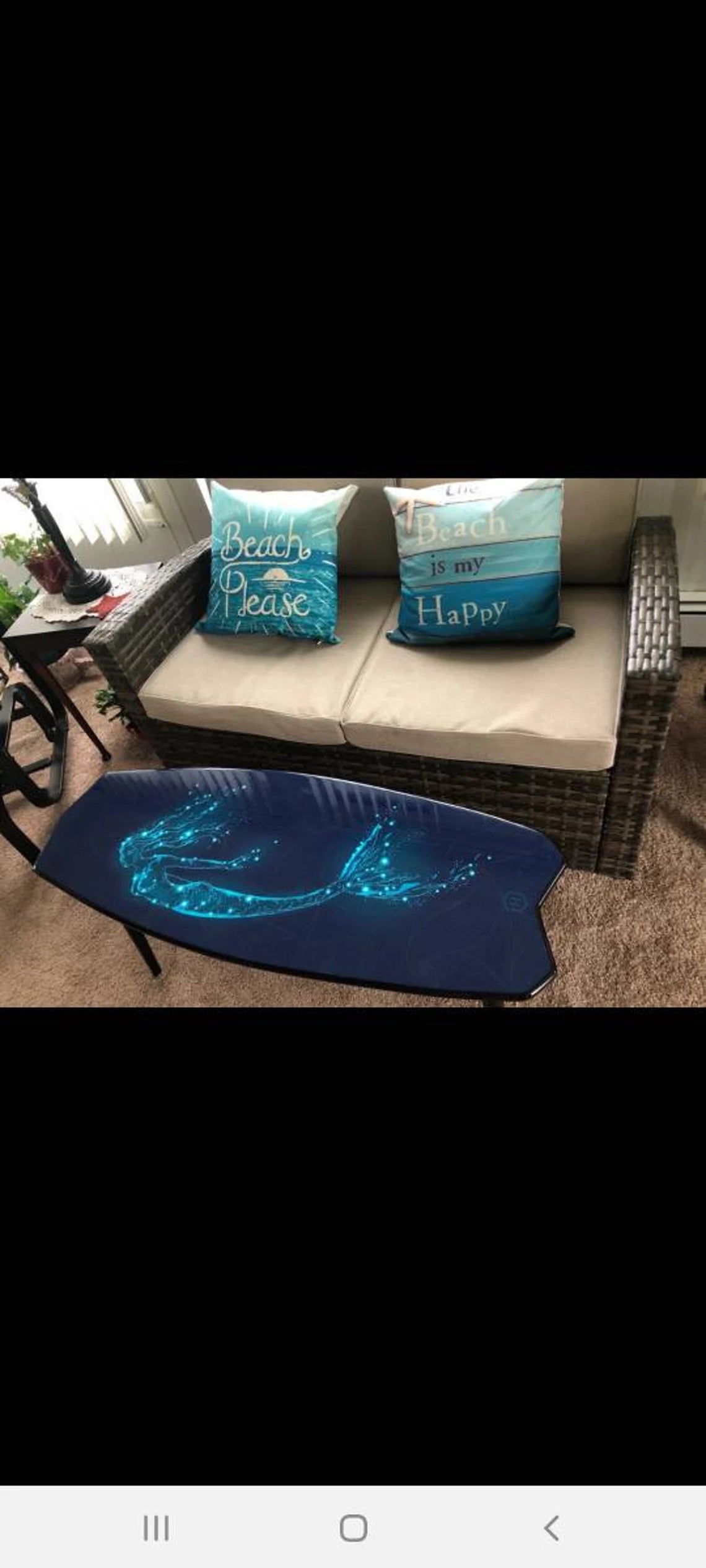 Fish Surfboard Inspired Wooden Surf Table with Mermaid Pattern