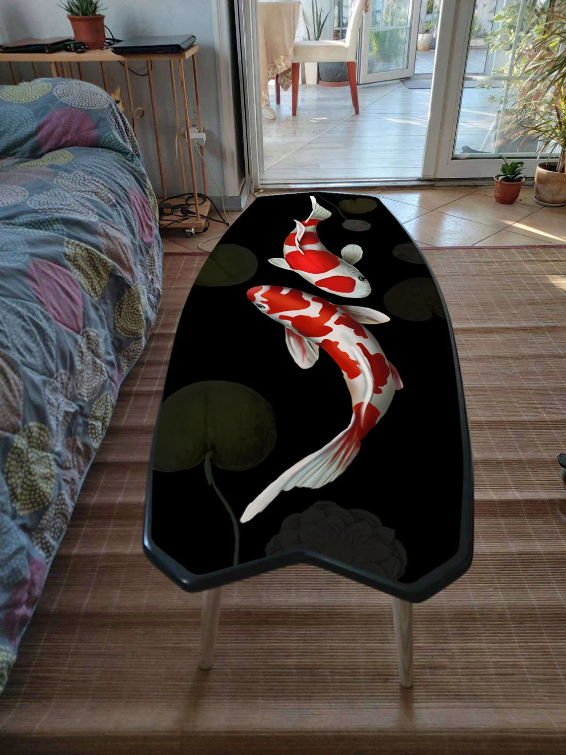 Surfboard Shaped Nautical Table with Ocean Wave Realistic Print