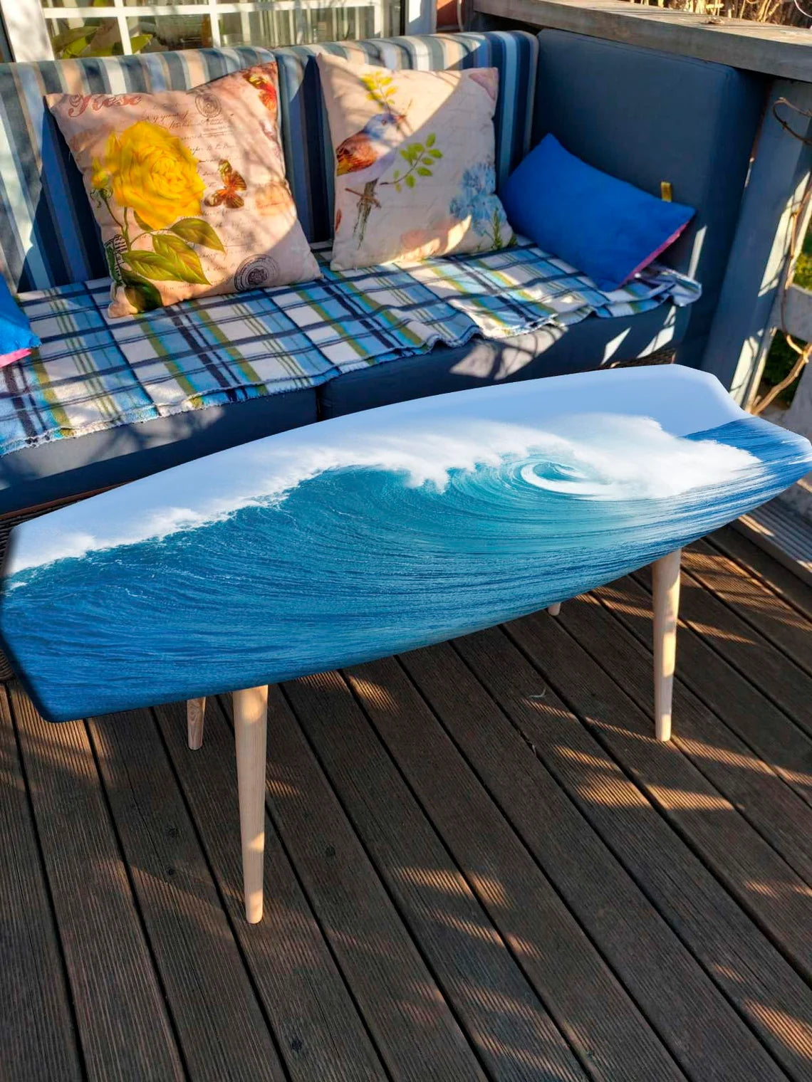 Surfboard Shaped Nautical Table with Ocean Wave Realistic Print