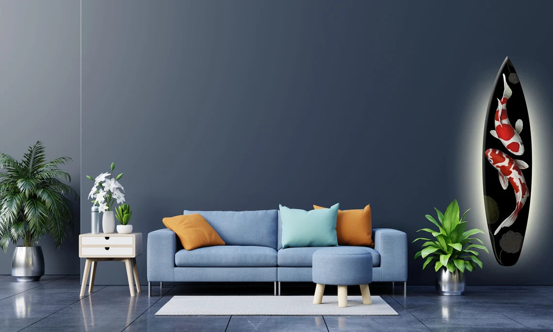 Surfboard-Shape Wall Led Light With Monstera Realistic Print: Surfing Inspired Wooden Blue-White Lighting Fixture as Unique Decor