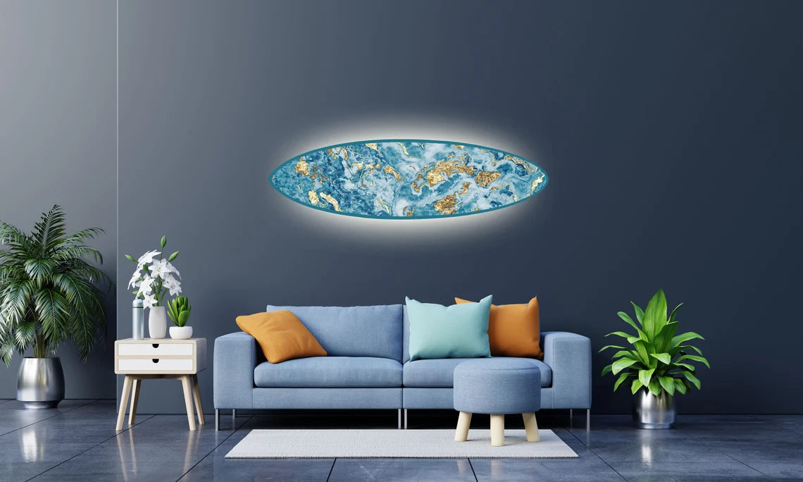 Surfboard-Shape Wall Led Light With Monstera Realistic Print: Surfing Inspired Wooden Blue-White Lighting Fixture as Unique Decor