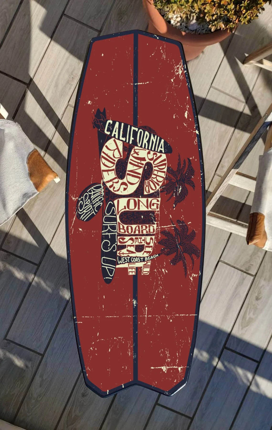 Surfboard Shaped Nautical Table with Ocean Wave Realistic Print