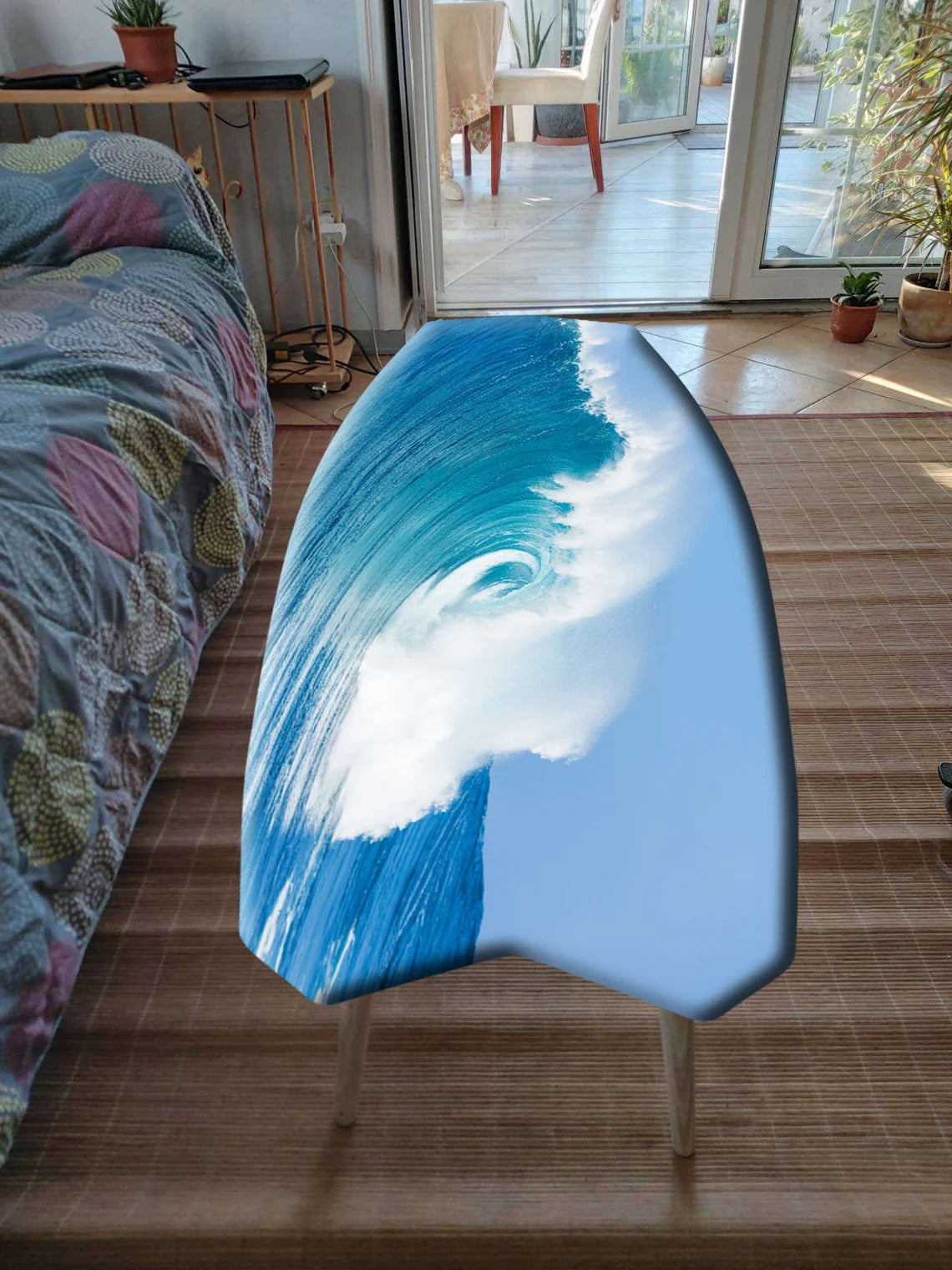 Surfboard Shaped Nautical Table with Ocean Wave Realistic Print