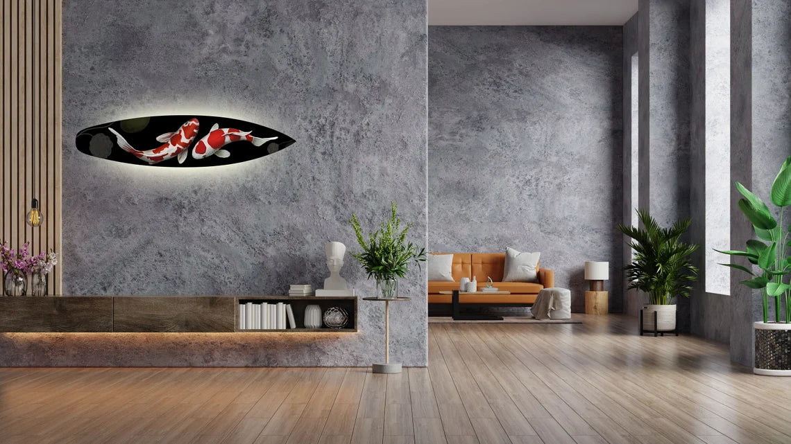 Surfboard-Shape Wall Led Light With Monstera Realistic Print: Surfing Inspired Wooden Blue-White Lighting Fixture as Unique Decor