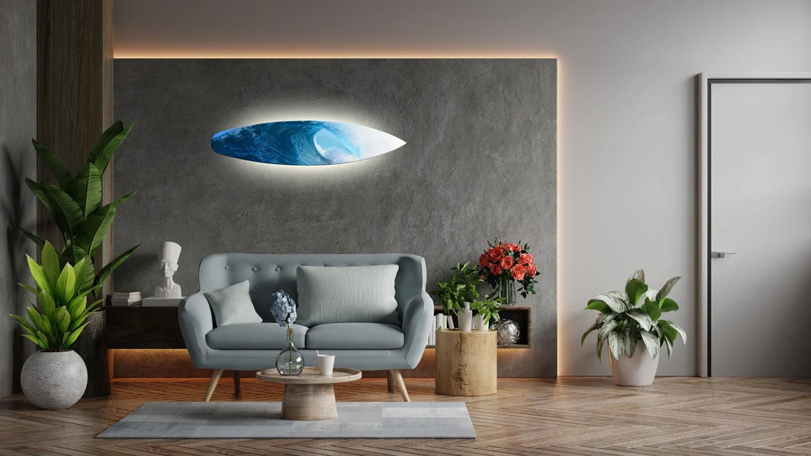 Surfboard-Shape Wall Led Light With Monstera Realistic Print: Surfing Inspired Wooden Blue-White Lighting Fixture as Unique Decor