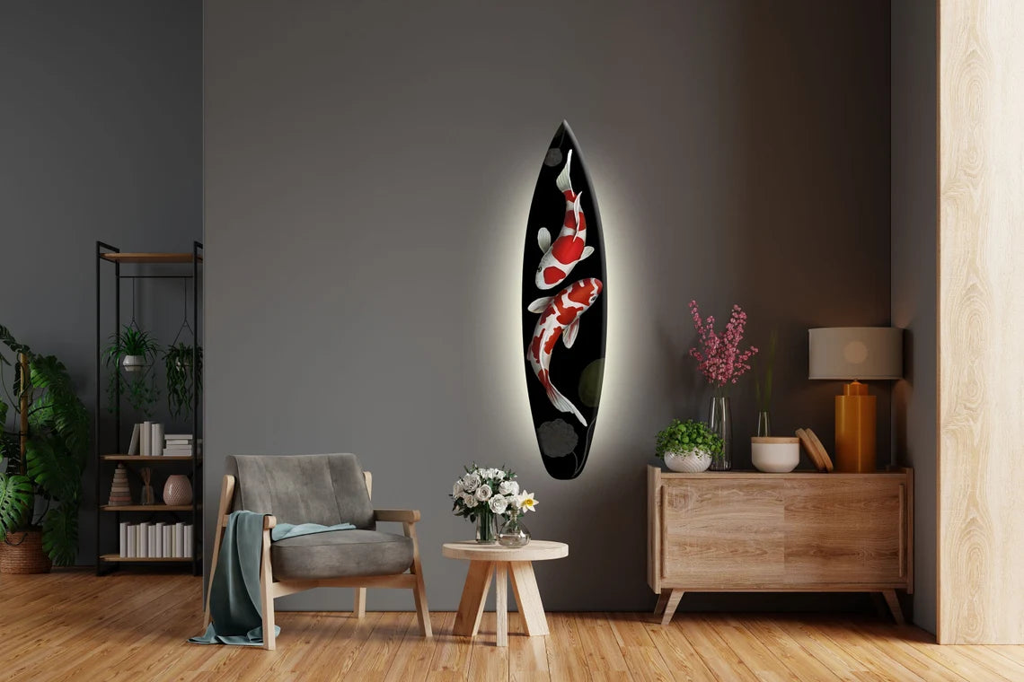 Surfing Inspired Wall LED Lighting in Japanese Style with Koi Fish Zen Print