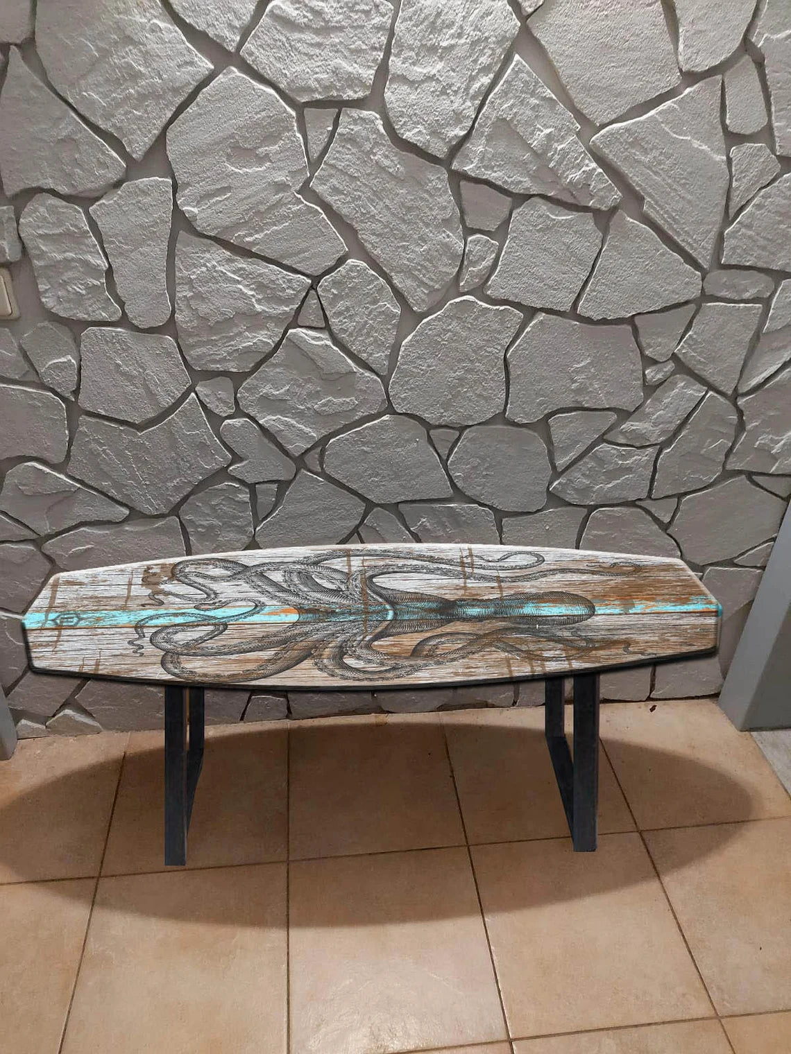 Surf-Inspired Handmade Wooden Bench with Massive Metal Legs and Squid Pattern