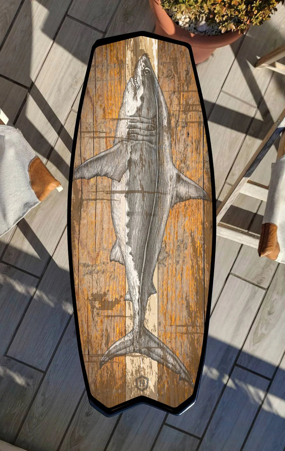 Surfboard Table,Shark, Surfing gift, Bar Decor, Beach Decor, Surfing Art Decor