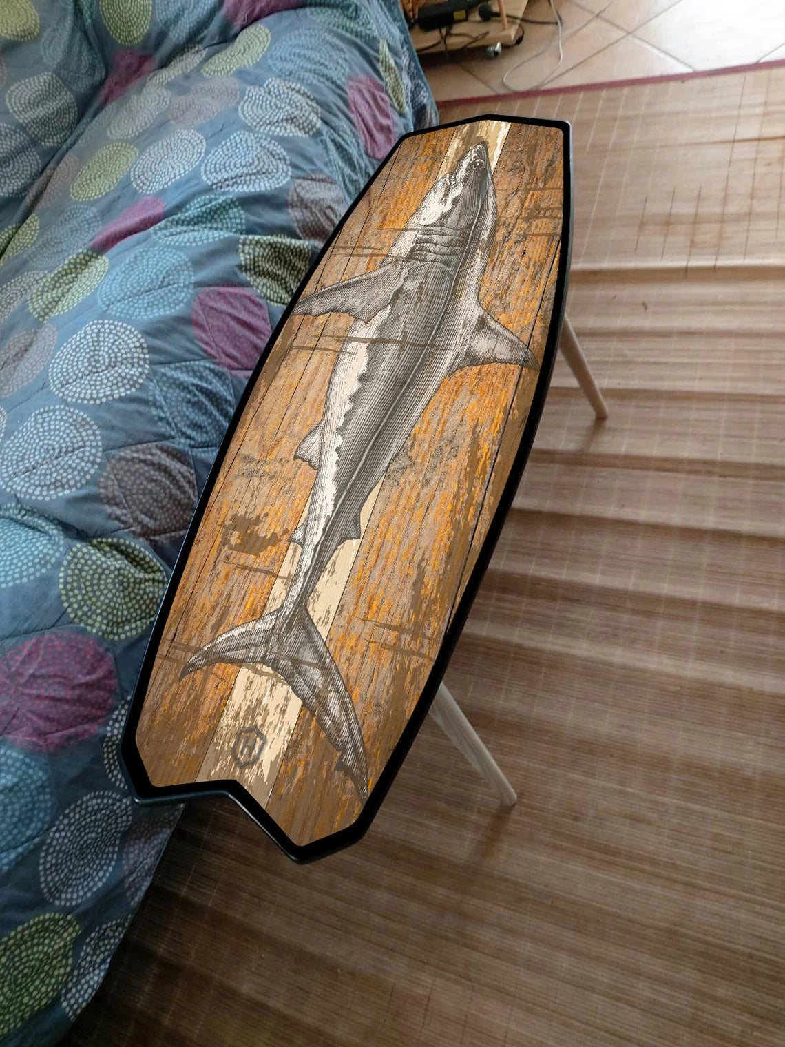 Surfboard Table,Shark, Surfing gift, Bar Decor, Beach Decor, Surfing Art Decor