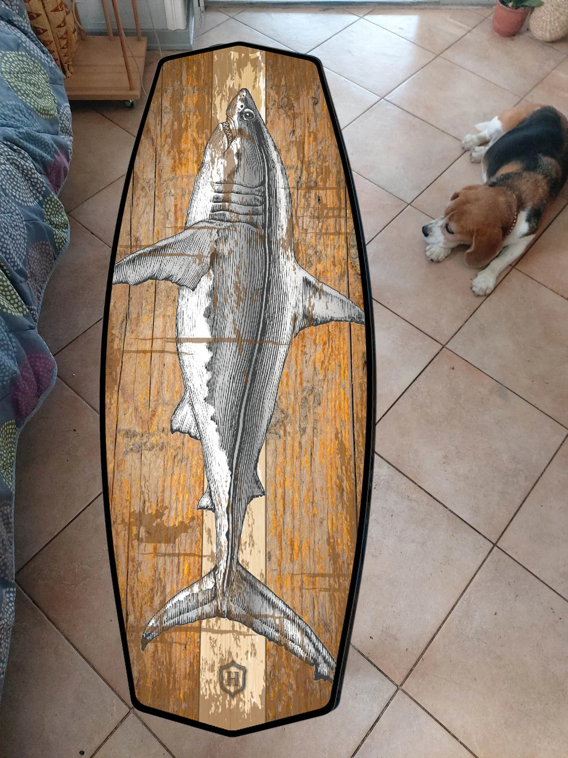 Surf-Inspired Handmade Wooden Bench with Massive Metal Legs and Squid Pattern