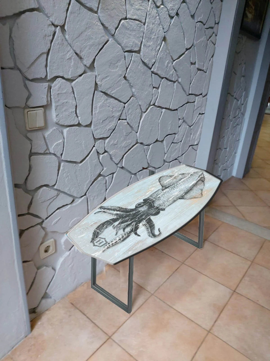 Surf-Inspired Handmade Wooden Bench with Massive Metal Legs and Squid Pattern