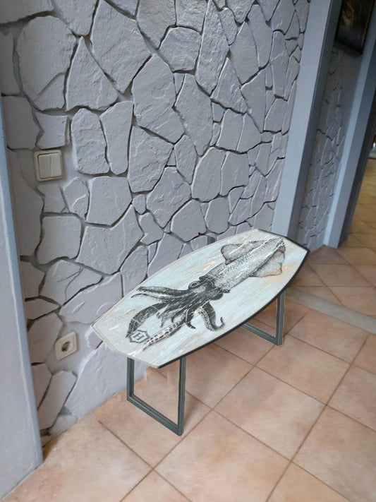 Surf-Inspired Handmade Wooden Bench with Massive Metal Legs and Squid Pattern