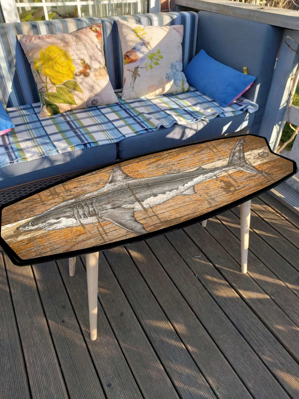 Surfboard Table,Shark, Surfing gift, Bar Decor, Beach Decor, Surfing Art Decor