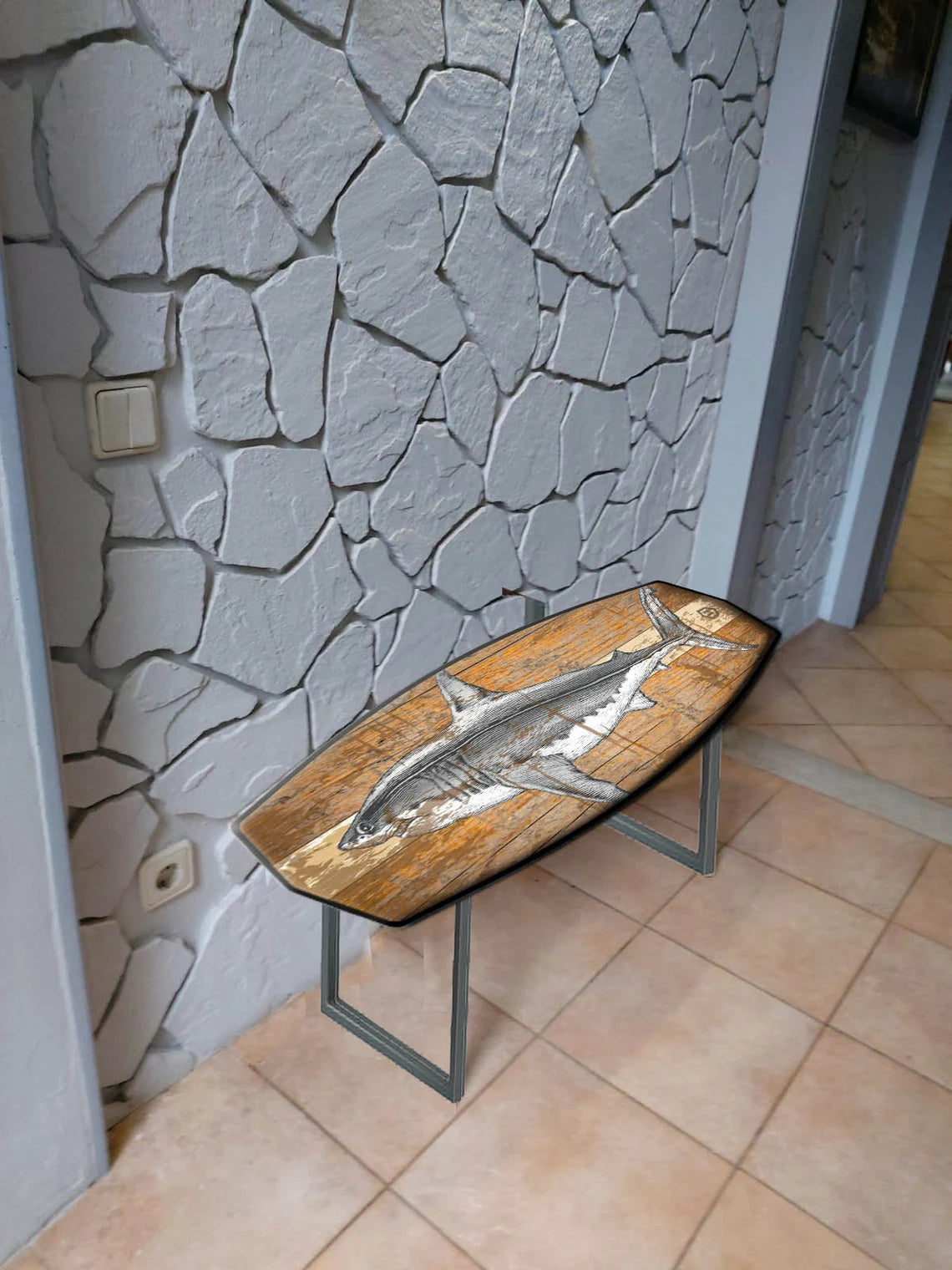 Surf-Inspired Handmade Wooden Bench with Massive Metal Legs and Squid Pattern