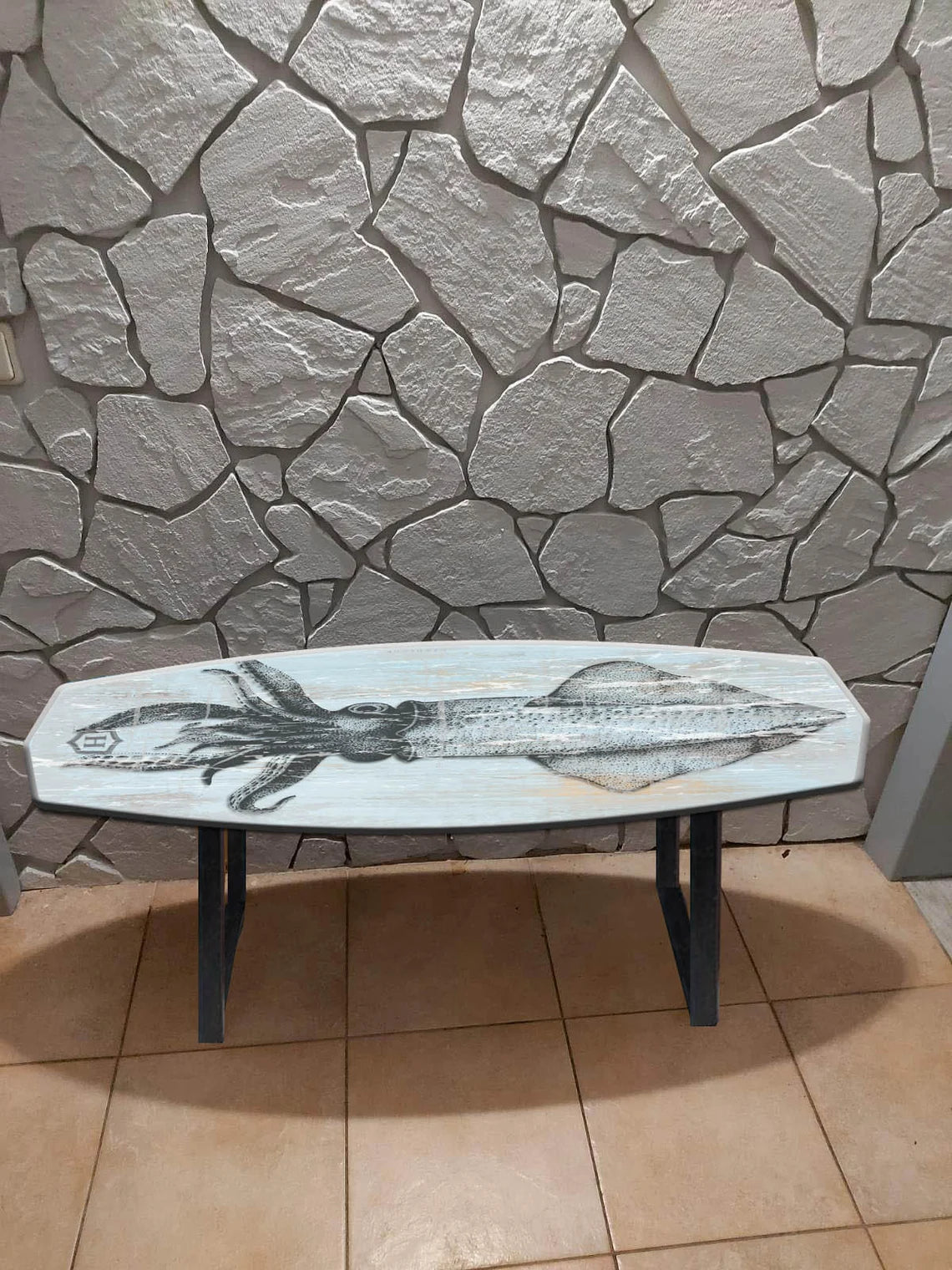 Surf-Inspired Handmade Wooden Bench with Massive Metal Legs and Squid Pattern
