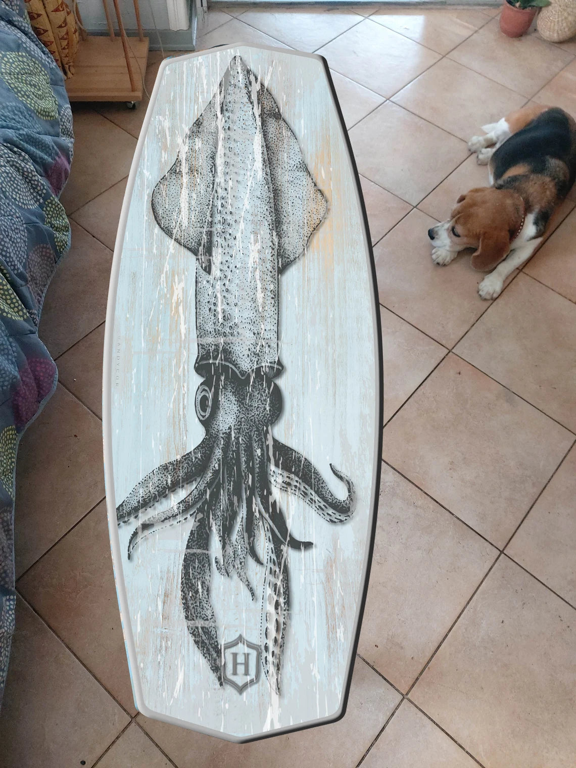 Surf-Inspired Handmade Wooden Bench with Massive Metal Legs and Squid Pattern