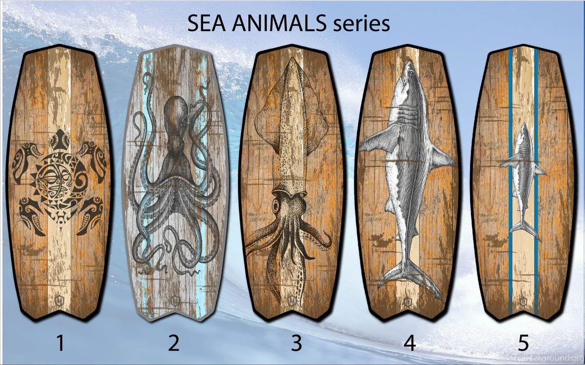Fish Surfboard Inspired Wooden Surf Table with Mermaid Pattern
