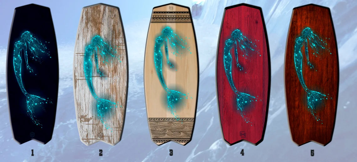 Fish Surfboard Inspired Wooden Surf Table with Mermaid Pattern