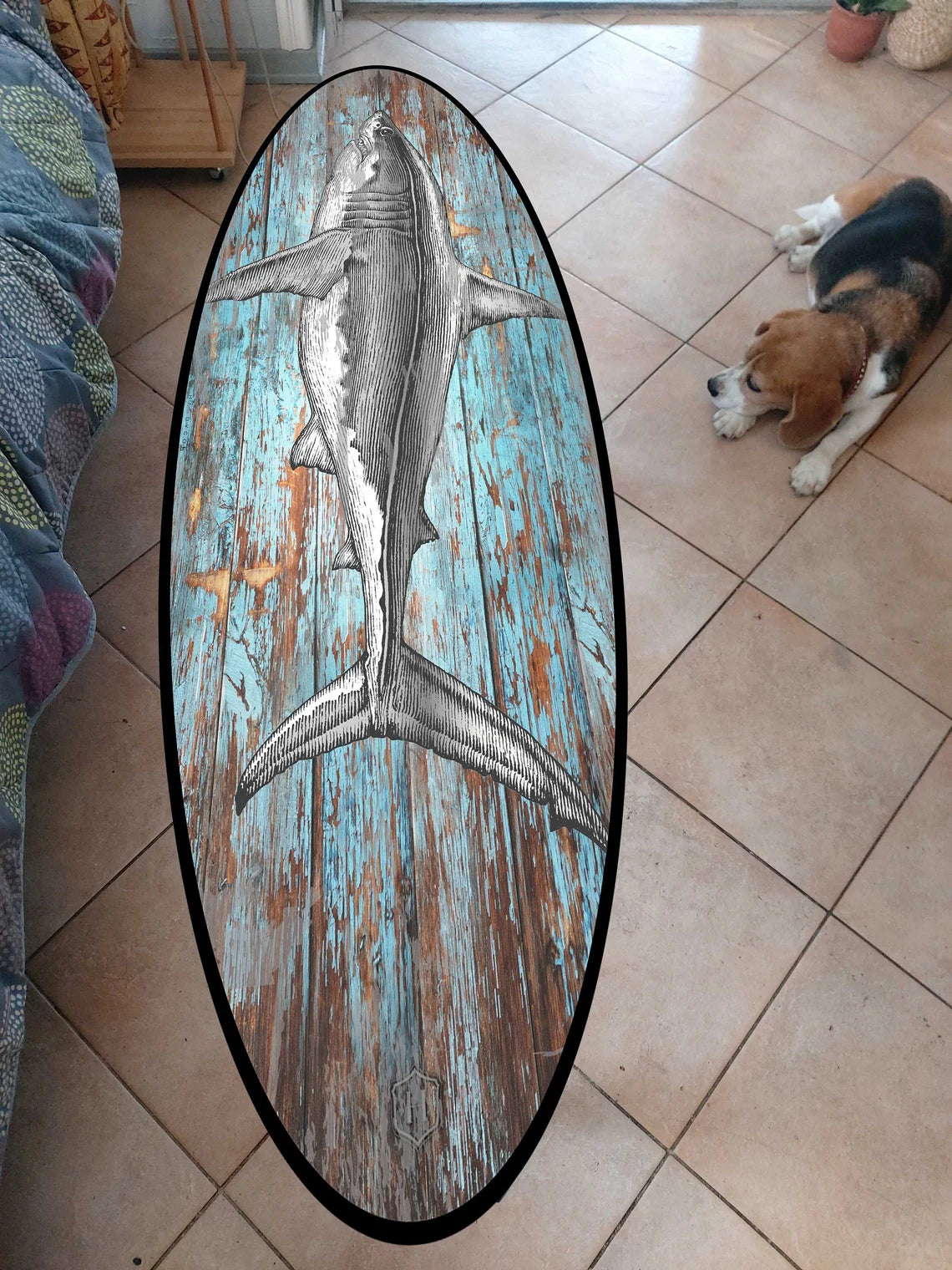 Surfboard Table,Shark, Surfing gift, Bar Decor, Beach Decor, Surfing Art Decor