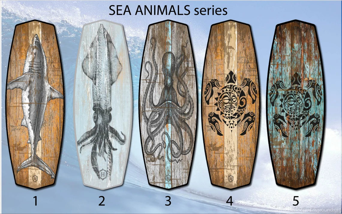 Surf-Inspired Handmade Wooden Bench with Massive Metal Legs and Squid Pattern