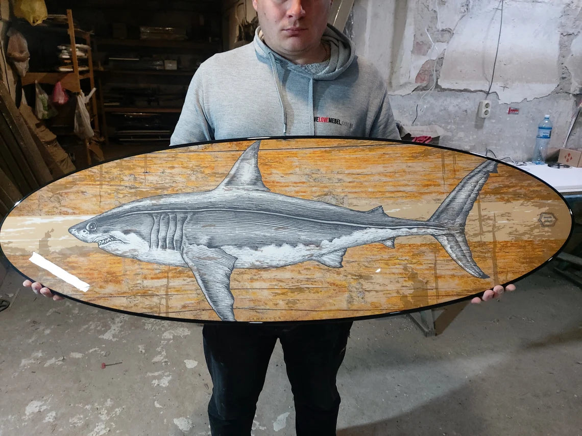 Surfboard Table,Shark, Surfing gift, Bar Decor, Beach Decor, Surfing Art Decor