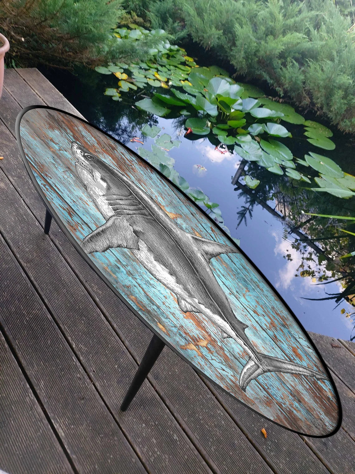 Surfboard Table,Shark, Surfing gift, Bar Decor, Beach Decor, Surfing Art Decor