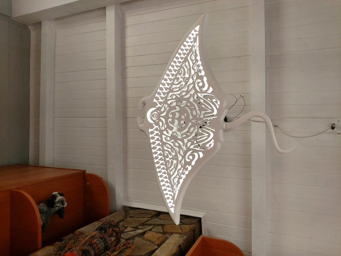 40" Handcrafted Unique Wooden Manta Ray Ceiling Chandelier: Beach Coastal Decor
