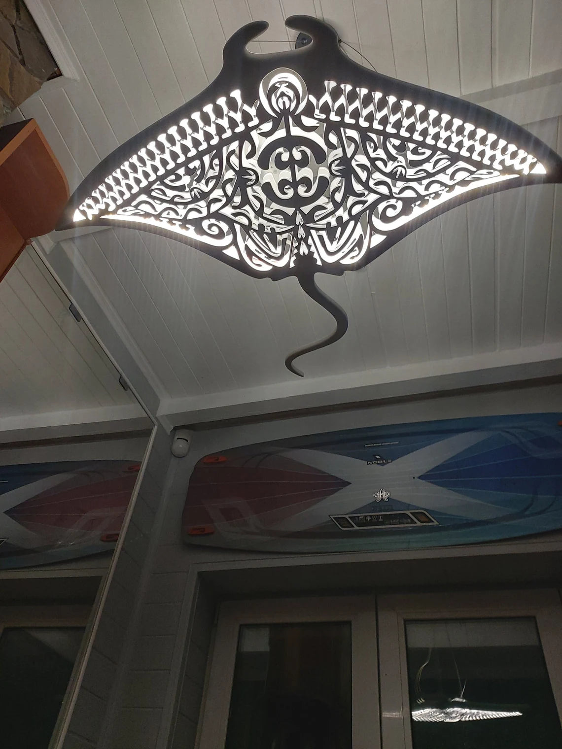 40" Handcrafted Unique Wooden Manta Ray Ceiling Chandelier: Beach Coastal Decor