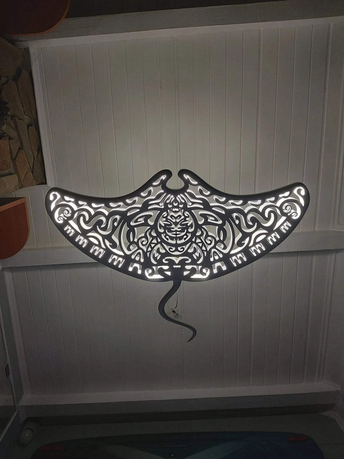 Handcrafted Unique Wooden Manta Ray Ceiling Chandelier: LED Wall Lamp in Surf Style