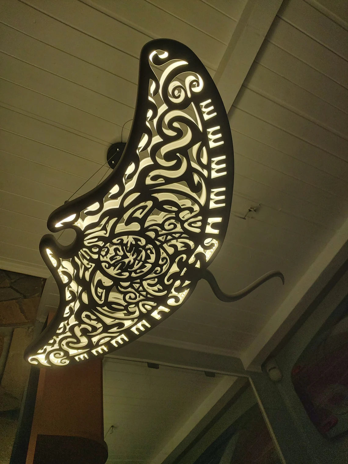 Handcrafted Unique Wooden Manta Ray Ceiling Chandelier: LED Wall Lamp in Surf Style