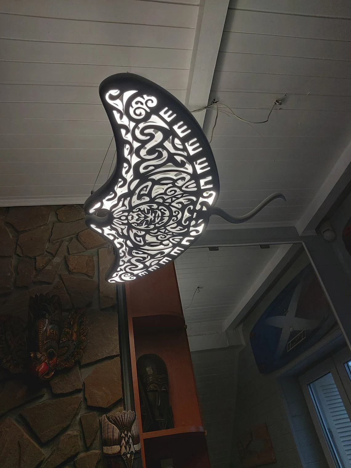 Handcrafted Unique Wooden Manta Ray Ceiling Chandelier: LED Wall Lamp in Surf Style