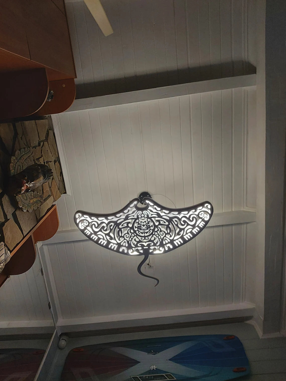 Handcrafted Unique Wooden Manta Ray Ceiling Chandelier: LED Wall Lamp in Surf Style