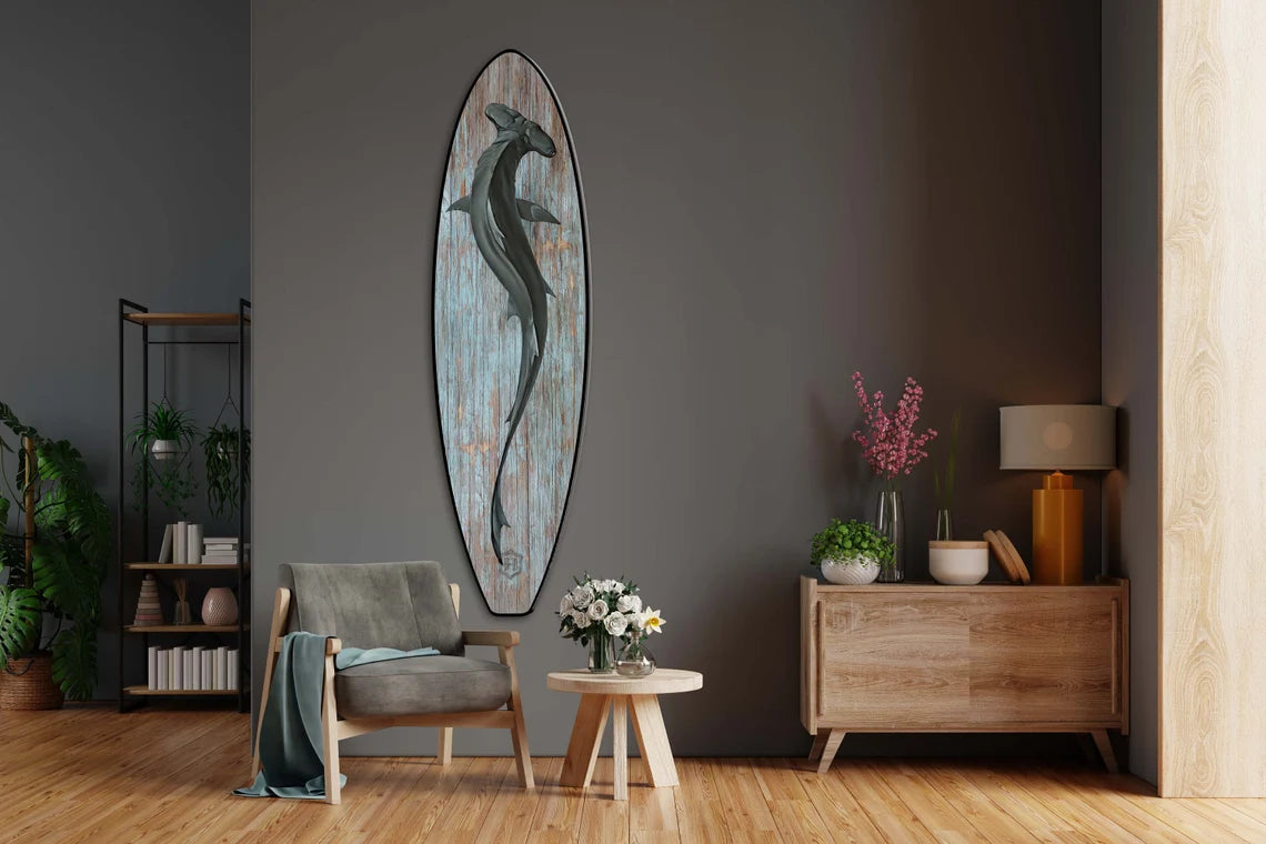 Wooden Surfboard Wall Art with Leopard Shark - Surfers gift, Beach Decor