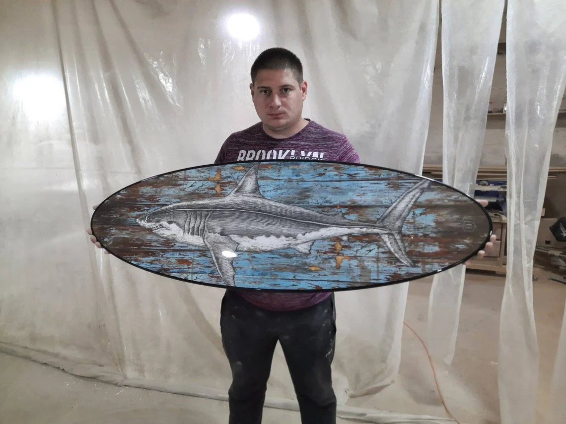 Surfboard Table,Shark, Surfing gift, Bar Decor, Beach Decor, Surfing Art Decor
