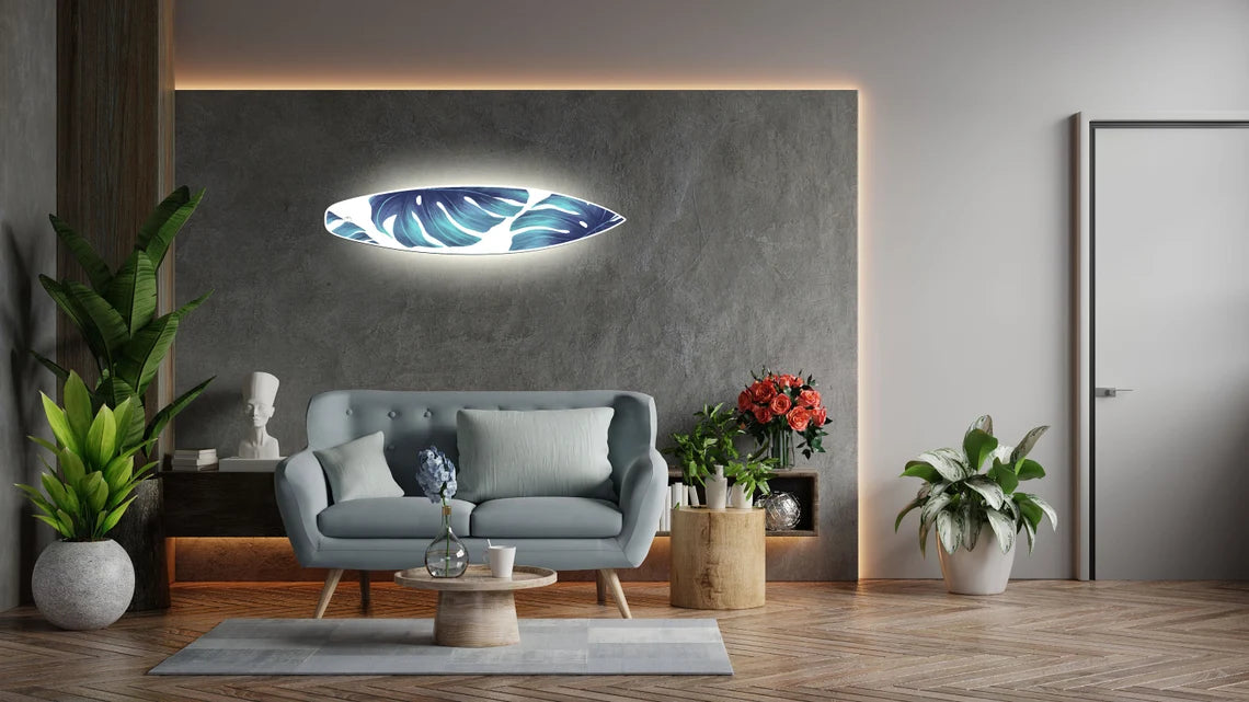 Surfboard-Shape Wall Led Light With Monstera Realistic Print: Surfing Inspired Wooden Blue-White Lighting Fixture as Unique Decor