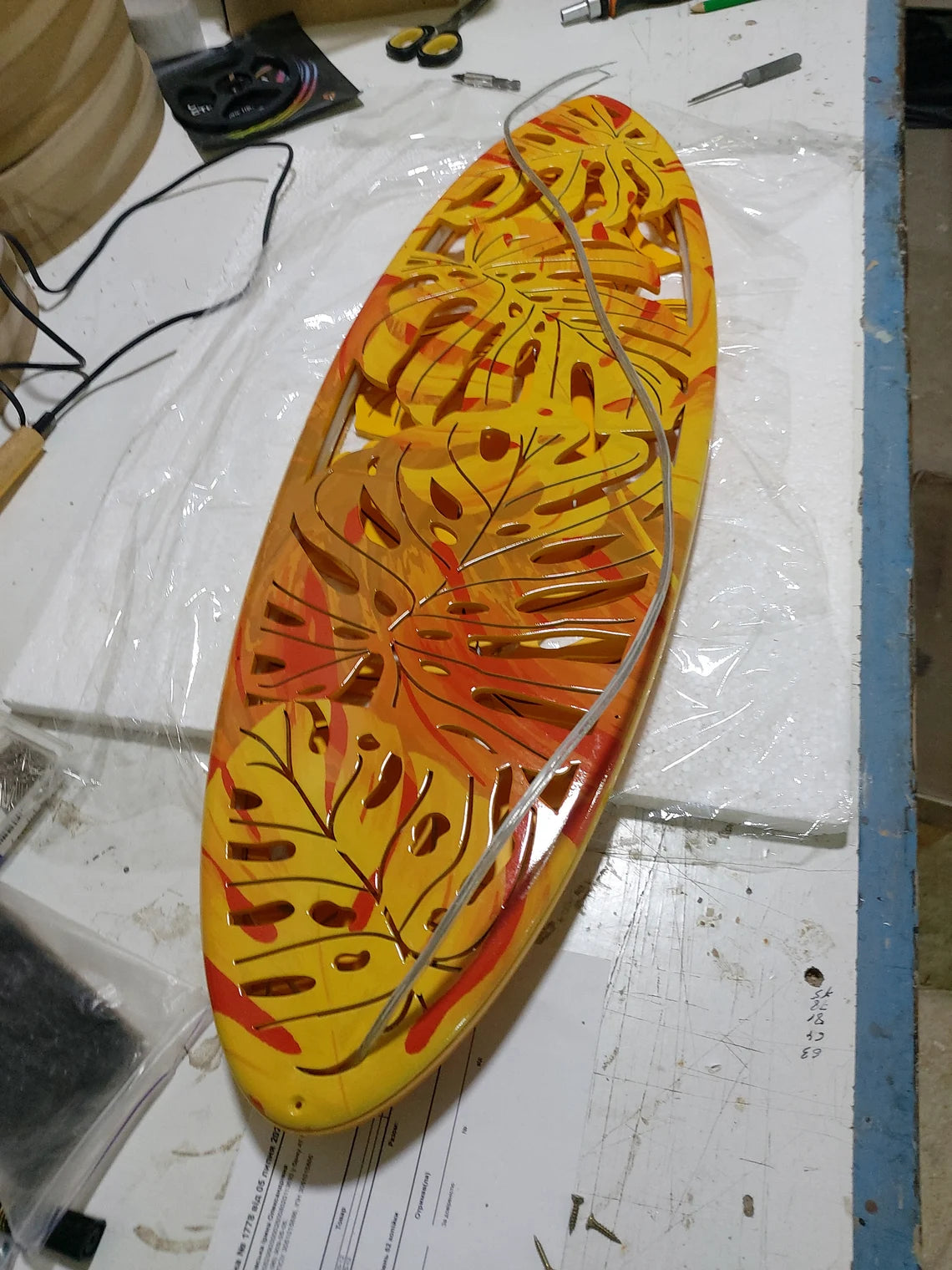 30 inch Surfboard Shaped Ceiling Chandelier with Monstera Leaf Carving
