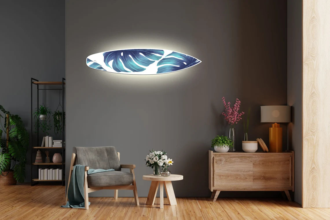 Surfboard-Shape Wall Led Light With Monstera Realistic Print: Surfing Inspired Wooden Blue-White Lighting Fixture as Unique Decor