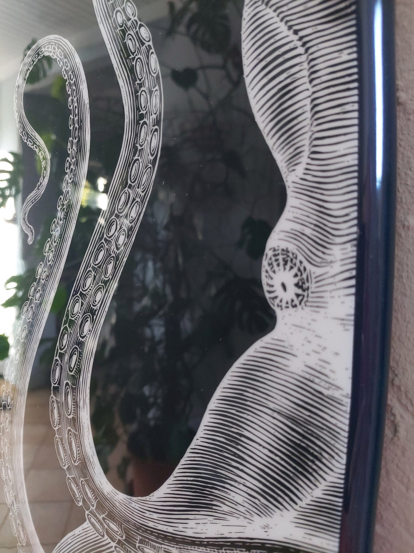 Surfboard Shaped Wall Hanging in Black with Realistic White Octopus Print