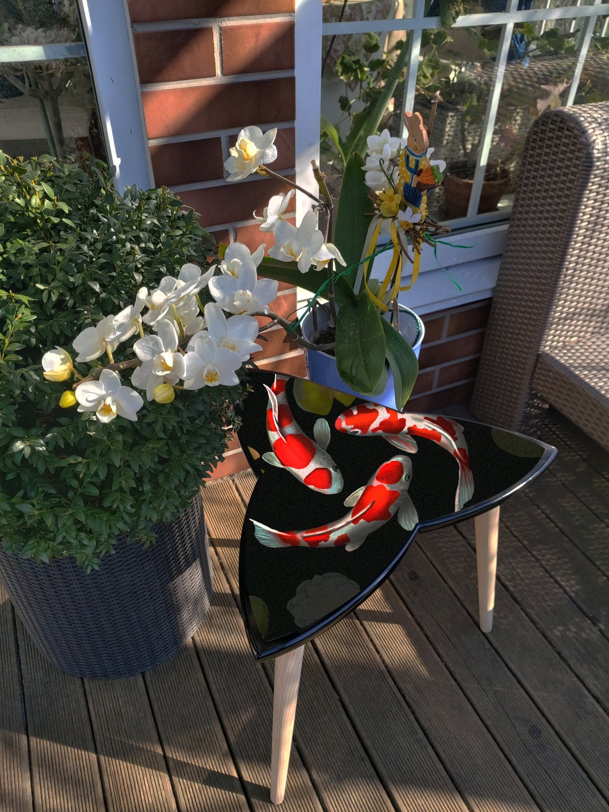 Surfboard Triangular Coffee Table with KOI Fish in Japan Style