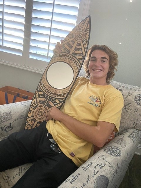 Round Wall Mirror in Wooden Surfboard-Shape Frame with Black Maori Pattern for Nautical Home Decor