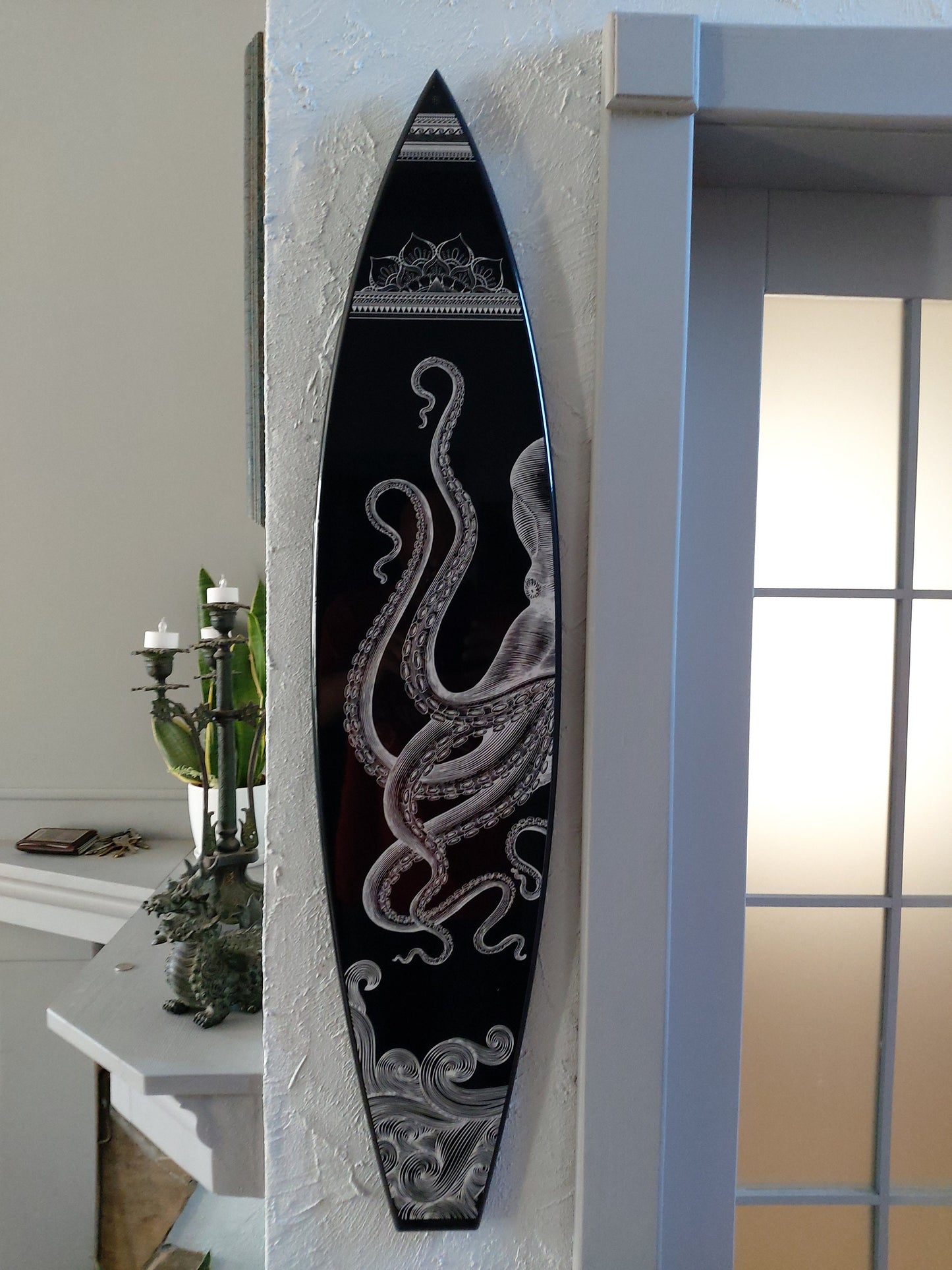 Surfboard Shaped Wall Hanging in Black with Realistic White Octopus Print
