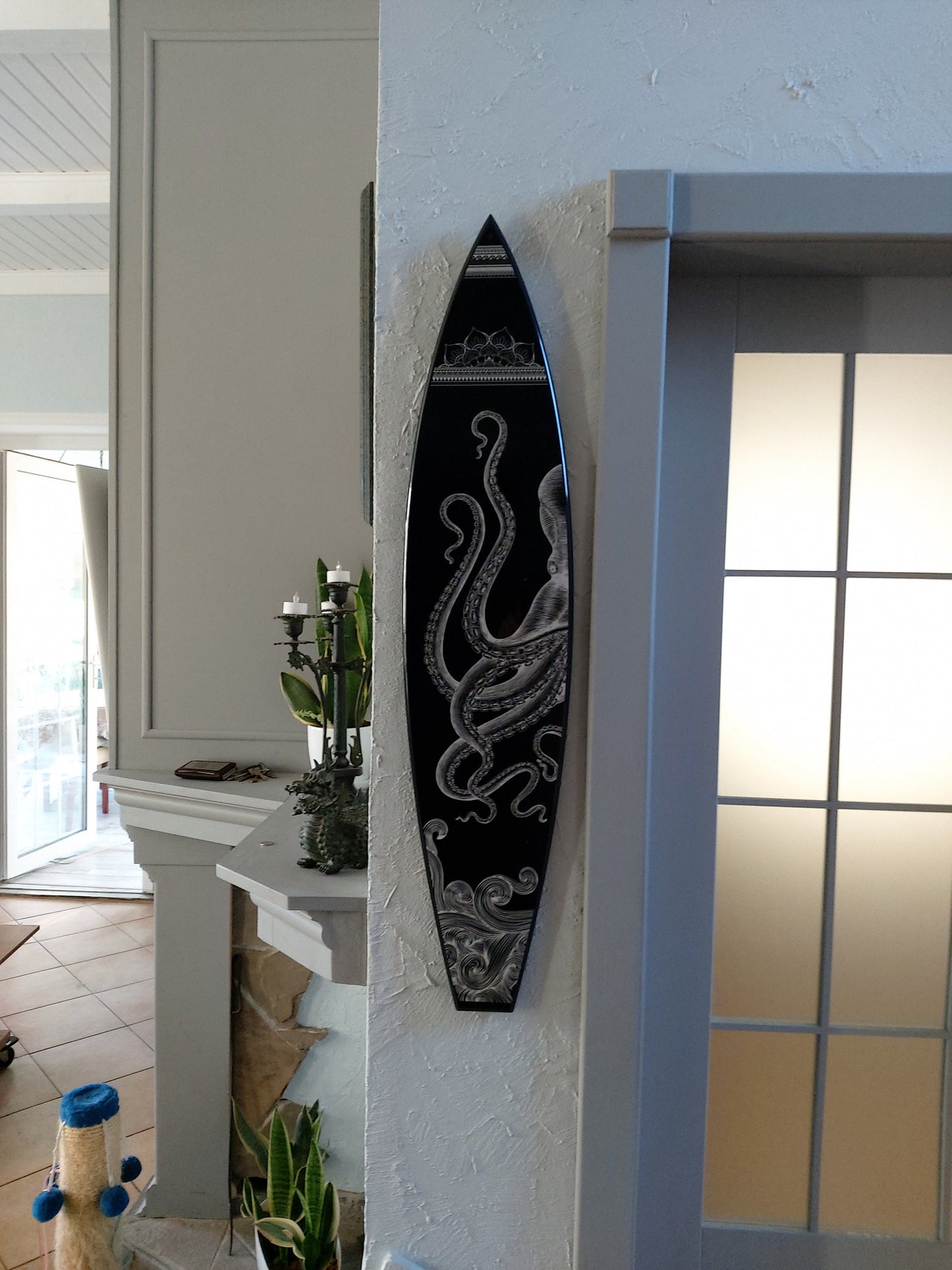 Surfboard Shaped Wall Hanging in Black with Realistic White Octopus Print