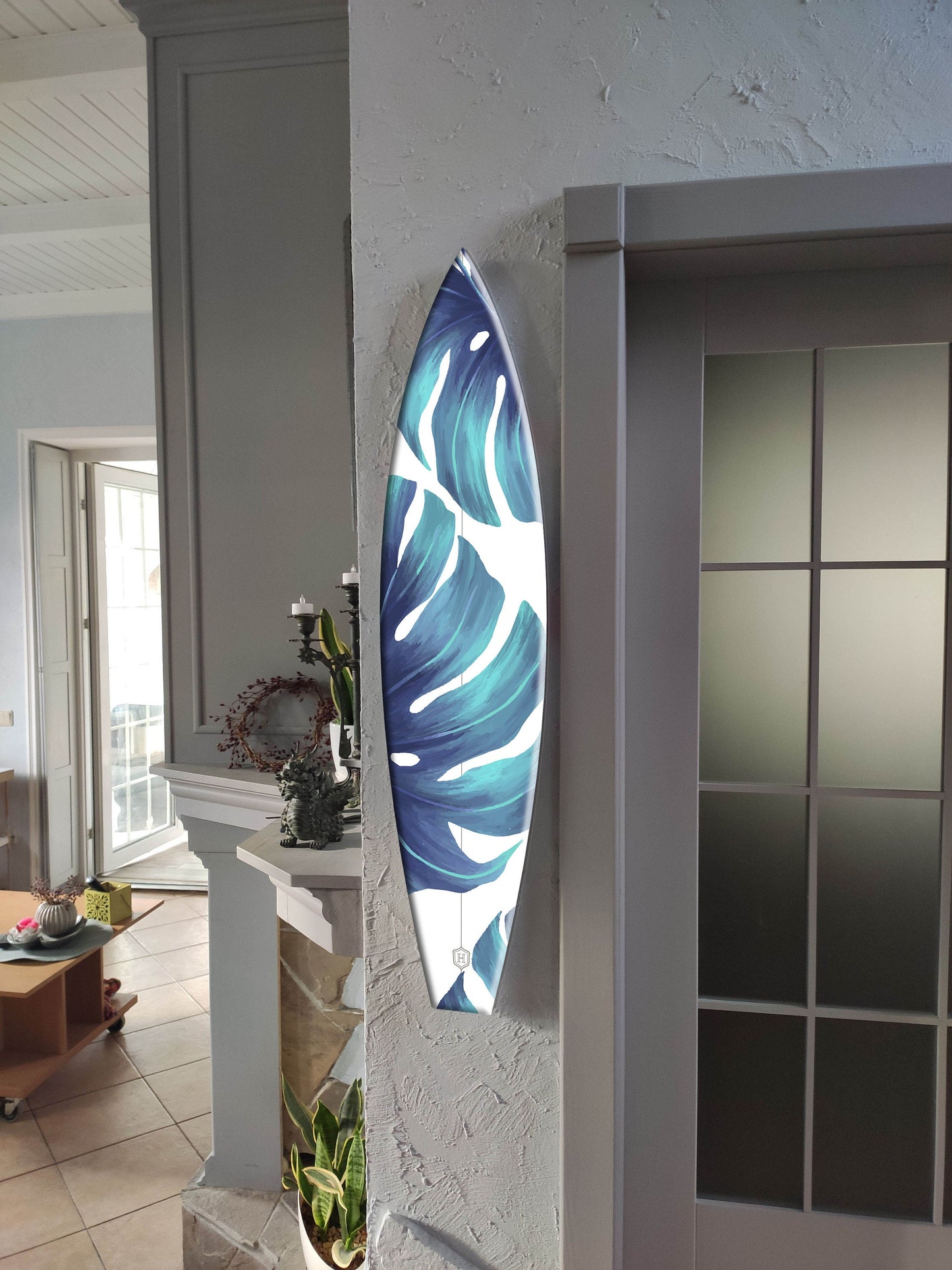 Handmade White Surfboard Wall Hanging with Blue-Emerald Monstera Leaves Pattern